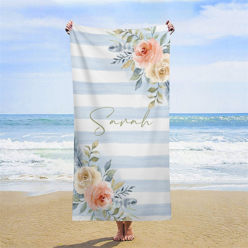 Lofaris Boho Blue Floral Stripes Custom Name Beach Towel