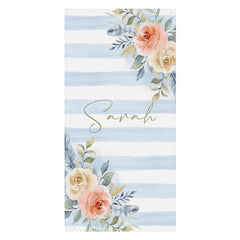 Lofaris Boho Blue Floral Stripes Custom Name Beach Towel