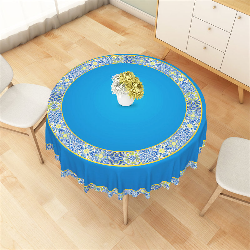 Lofaris Boho Classic Yellow Blue Pattern Round Tablecloth