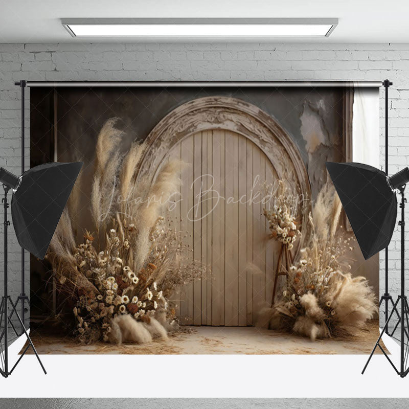 Lofaris Boho Dried Floral Brown Wooden Arch Door Backdrop