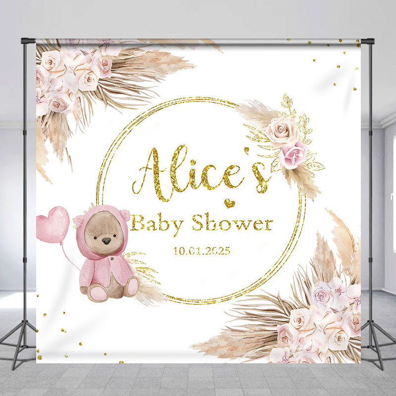 Lofaris Boho Floral Bear Custom Name Baby Shower Backdrop