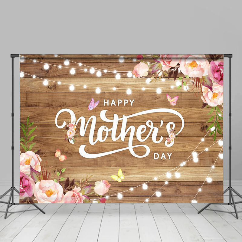 Lofaris Boho Floral Light Wooden Happy Mothers Day Backdrop