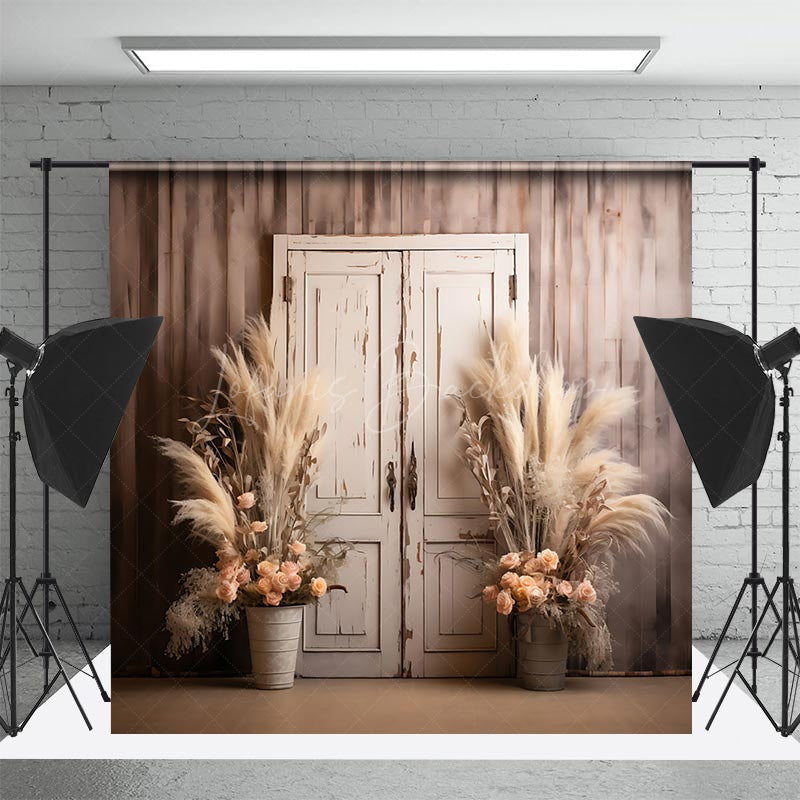 Lofaris Boho Floral Retro Wooden Door Photography Backdrop