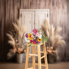 Lofaris Boho Floral Retro Wooden Door Photography Backdrop