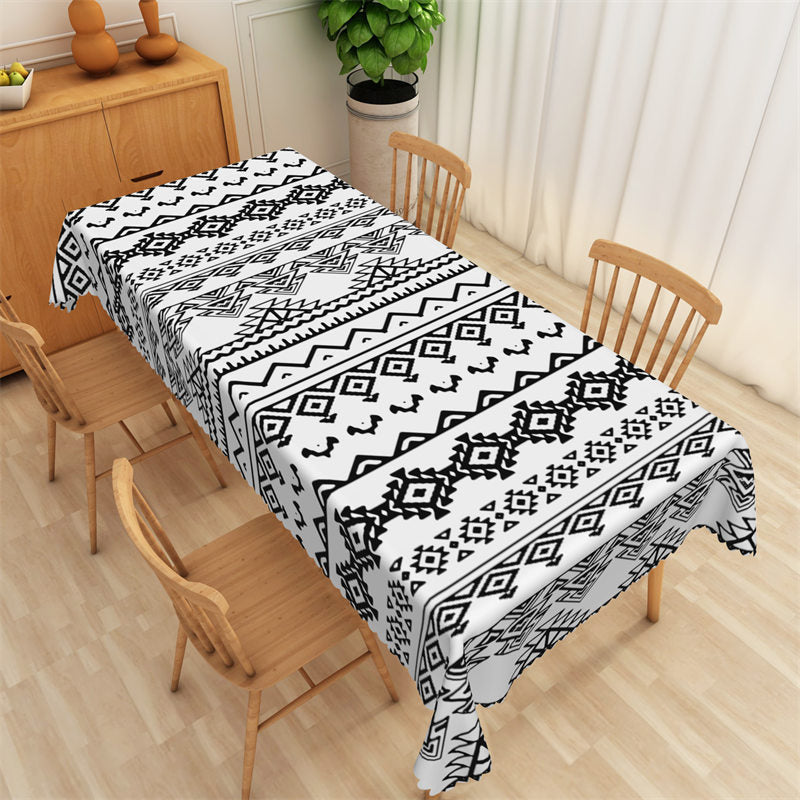 Lofaris Boho Geometric Texture Black And White Tablecloth