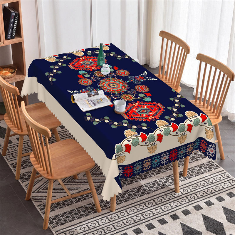 Lofaris Boho Gingkgo Red Dark Blue Rectangle Tablecloth