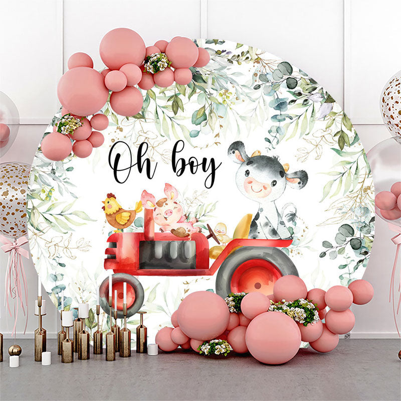 Lofaris Boho Leaf Animals Oh Boy Round Baby Shower Backdrop