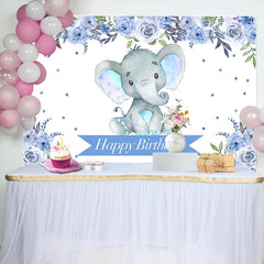 Lofaris Boho Light Blue Floral Elephant Birthday Backdrop