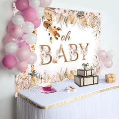 Lofaris Boho Pink Floral Leaves Giraffe Baby Shower Backdrop