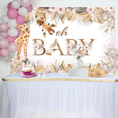 Lofaris Boho Pink Floral Leaves Giraffe Baby Shower Backdrop