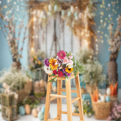 Lofaris Bokeh Blue Retro WHite Wood Floral Easter Backdrop