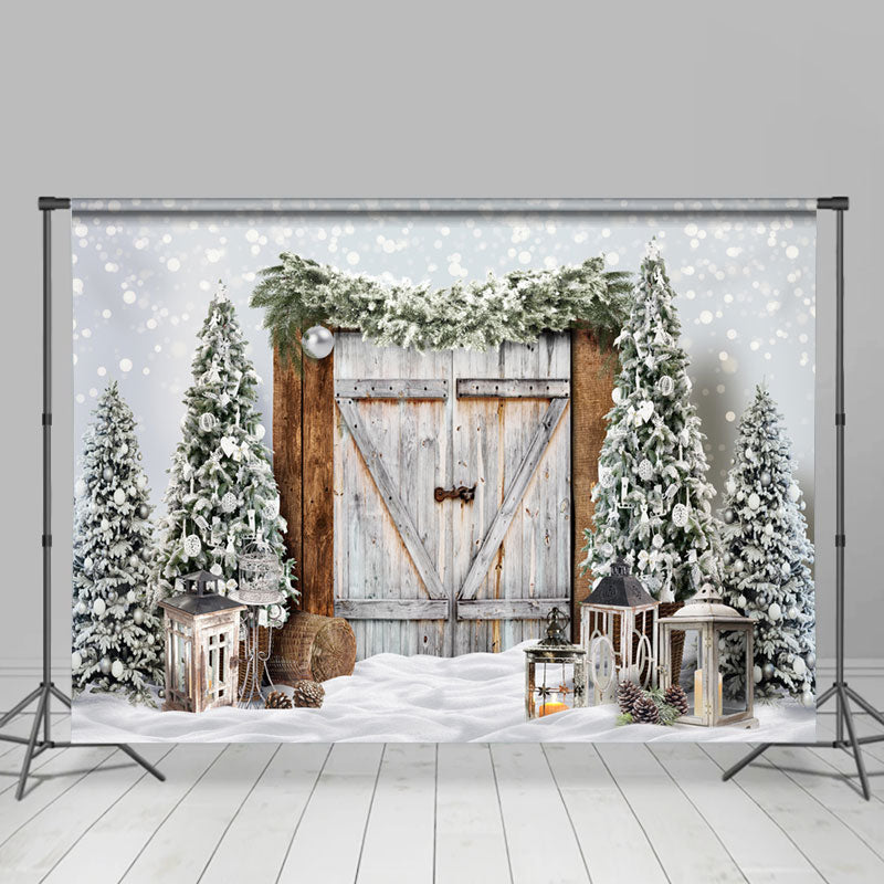 Lofaris Bokeh Snow Winter Wood Door Christmas Tree Backdrop