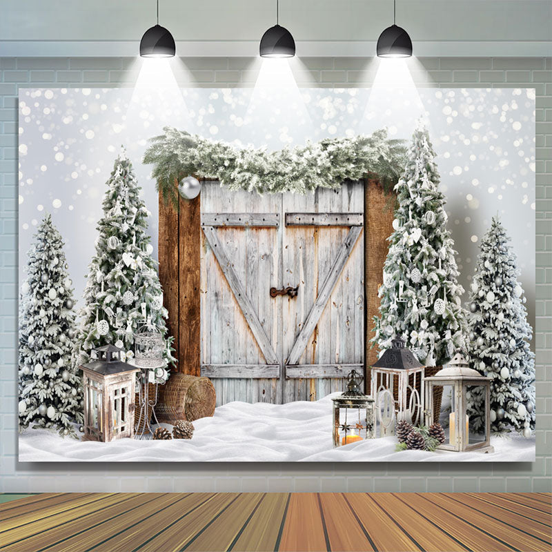 Lofaris Bokeh Snow Winter Wood Door Christmas Tree Backdrop | Xmas Backdrop | Christmas Backdrops for Photography | Christmas Photoshoot Backgrounds