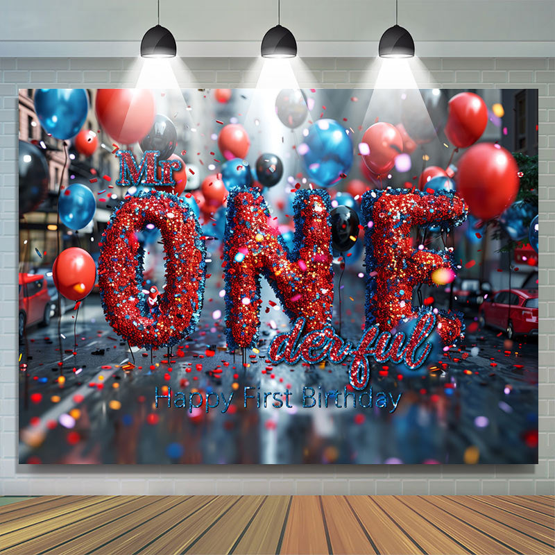 Lofaris Bokeh Street Mr Onederful Happy 1st Birthday Backdrop