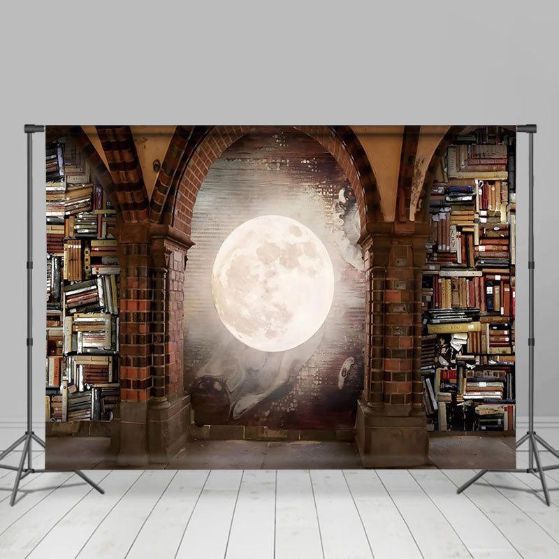 Lofaris Book Brick Wall Arch Moon World Day Backdrop