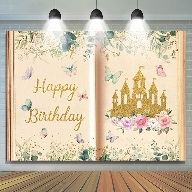 Lofaris Book Gold Glitter Castle Princess Birthday Backdrop