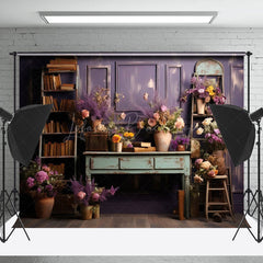 Lofaris Bookshelf Purple Flower Old Desk Photo Backdrop