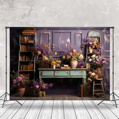 Lofaris Bookshelf Purple Flower Old Desk Photo Backdrop