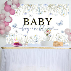 Lofaris Boy In Bloom Blue Floral Spring Baby Shower Backdrop