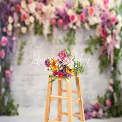 Lofaris Brick Wall Lilac Pink Floral Summer Photo Backdrop