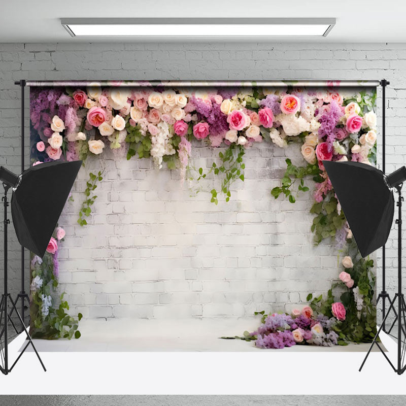 Lofaris Brick Wall Lilac Pink Floral Summer Photo Backdrop