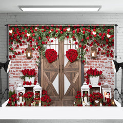 Lofaris Brick Wall Red Flowers Wood Valentines Day Backdrop