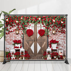 Lofaris Brick Wall Red Flowers Wood Valentines Day Backdrop