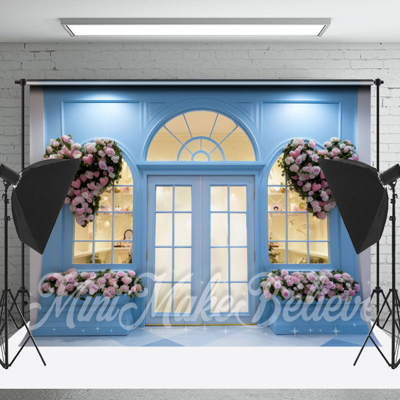 Lofaris Bright Blue Shop Wall Pink Heart Floral Backdrop