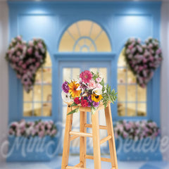 Lofaris Bright Blue Shop Wall Pink Heart Floral Backdrop