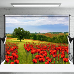 Lofaris Bright Red Flowers Green Trees Field Spring Backdrop