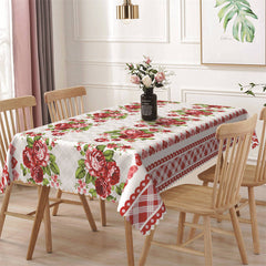 Lofaris Bright Red Flowers Heart Plaid Rectangle Tablecloth