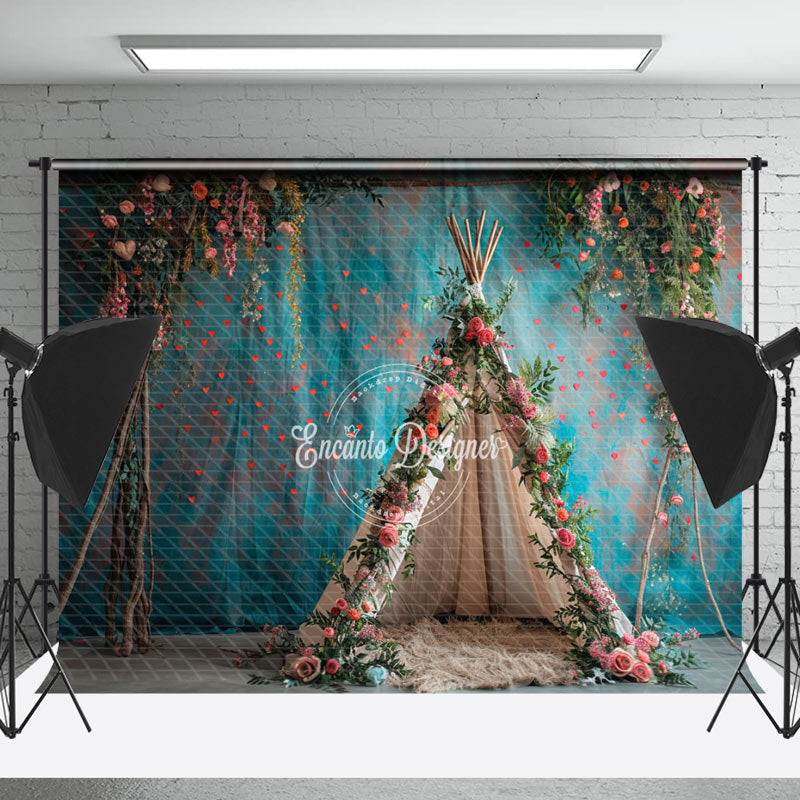 Lofaris Bright Teal Wall Floral Boho Tent Wedding Backdrop