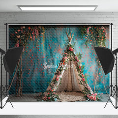 Lofaris Bright Teal Wall Floral Boho Tent Wedding Backdrop