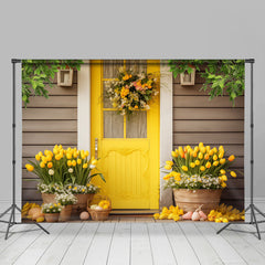 Lofaris Bright Yellow Door Floral Wood Wall Easter Backdrop