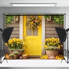 Lofaris Bright Yellow Door Floral Wood Wall Easter Backdrop