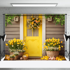 Lofaris Bright Yellow Door Floral Wood Wall Easter Backdrop