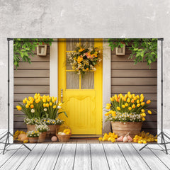 Lofaris Bright Yellow Door Floral Wood Wall Easter Backdrop