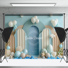 Lofaris Brown Blue Balloons Beach Summer Cake Smash Backdrop