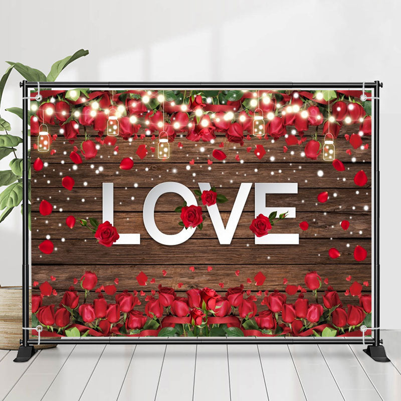 Lofaris Brown Board Red Roses Light Valentines Day Backdrop