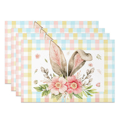 Lofaris Brown Bunny Ear Pink Floral Plaid Set Of 4 Placemats