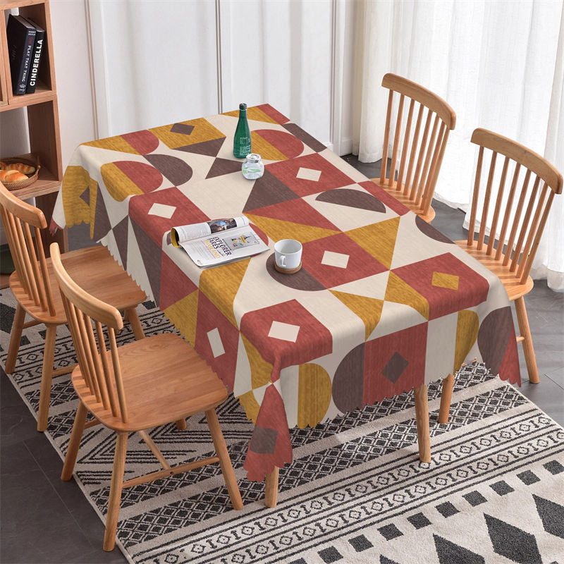 Lofaris Brown Dark Red Geometric Rectangle Tablecloth