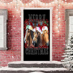 Lofaris Brown Horse Black Simple Merry Christmas Door Cover