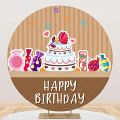 Lofaris Brown Stripe Candyland Cake Round Birthday Backdrop