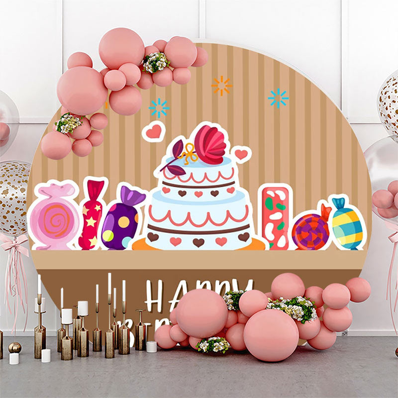 Lofaris Brown Stripe Candyland Cake Round Birthday Backdrop