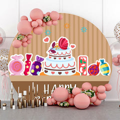 Lofaris Brown Stripe Candyland Cake Round Birthday Backdrop