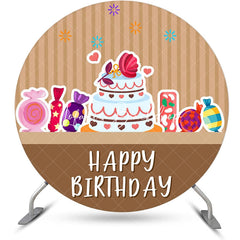 Lofaris Brown Stripe Candyland Cake Round Birthday Backdrop