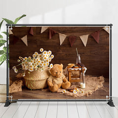 Lofaris Brown Teddy Bear Flowers Wood Birthday Backdrop