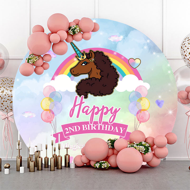 Lofaris Brown Unicorn Rainbow Round 2nd Birthday Backdrop