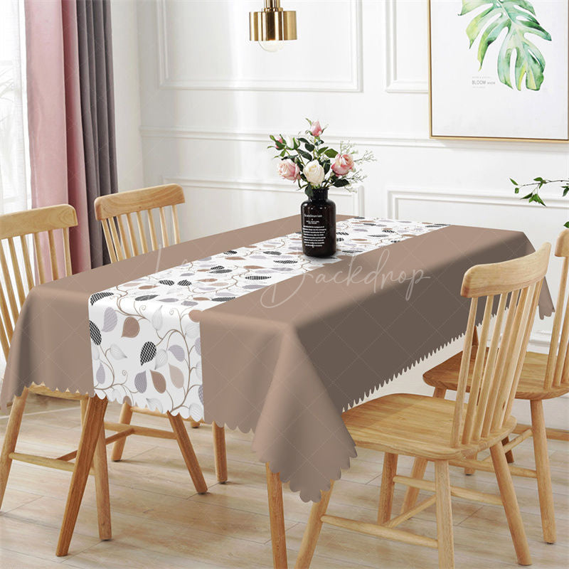 Lofaris Brown White Plant Leaves Spring Rectangle Tablecloth