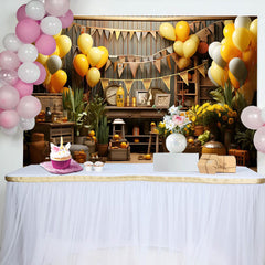 Lofaris Brown Wooden Balloons Farm Happy Birthday Backdrop